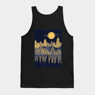 Misty, Moonlit Trees Linocut in Blue and Yellow Tank Top